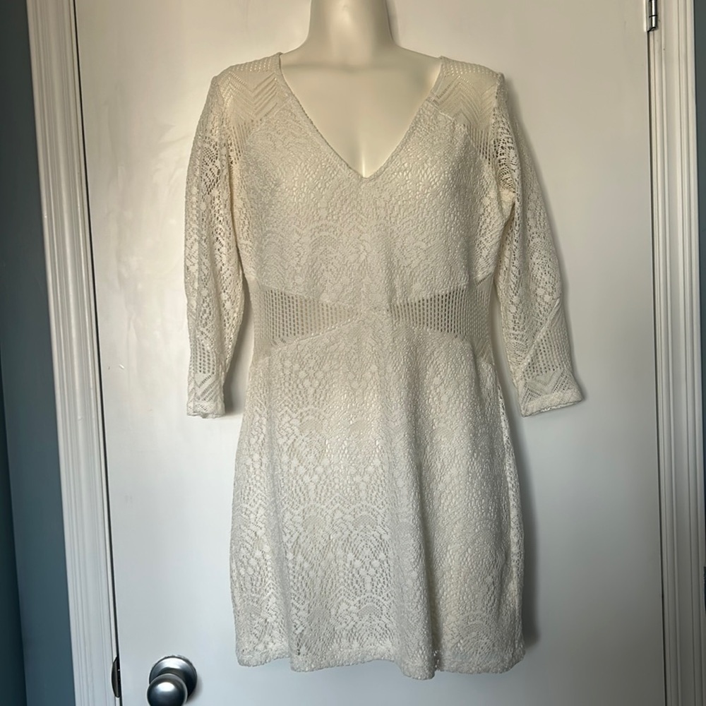 Divided White Mini Dress with Lace Overlay and Cut Outs